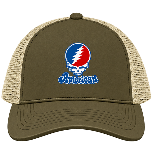 American Stealie Premium Unisex Trucker Cap — Design: American University — Moss/Khaki