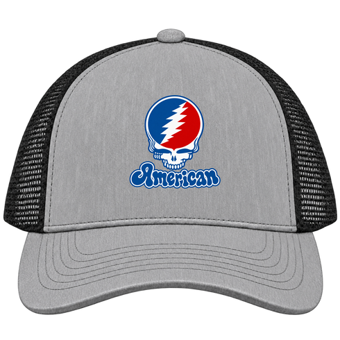 American Stealie Premium Unisex Trucker Cap — Design: American University — Heather Grey/Black
