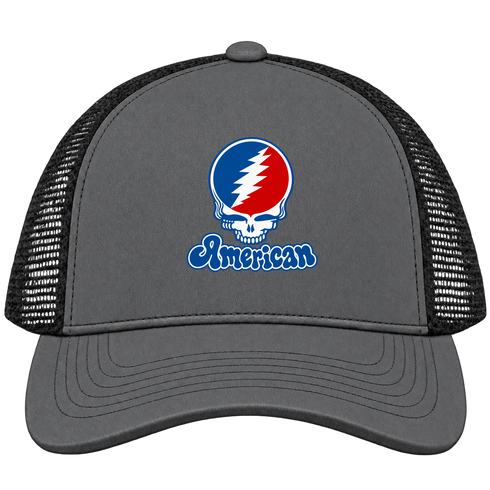 American Stealie Premium Unisex Trucker Cap — Design: American University — Charcoal/Black