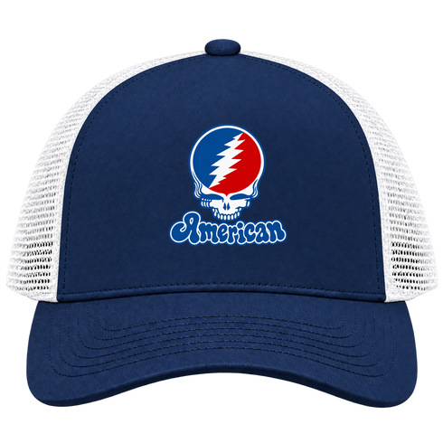 American Stealie Premium Unisex Trucker Cap — Design: American University — Navy/White