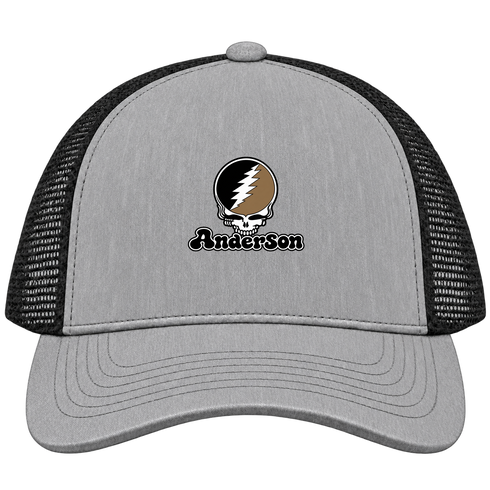 Anderson Stealie Premium Unisex Trucker Cap — Design: Anderson University — Heather Grey/Black