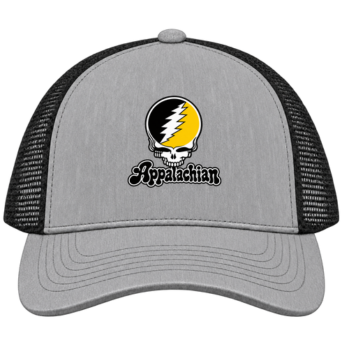 Appalachian Stealie Premium Unisex Trucker Cap — Design: Appalachian State University — Heather Grey/Black