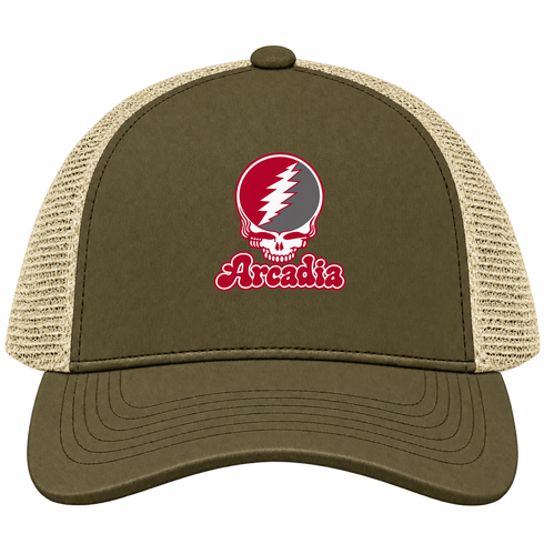 Arcadia Stealie Premium Unisex Trucker Cap — Design: Arcadia University — Moss/Khaki