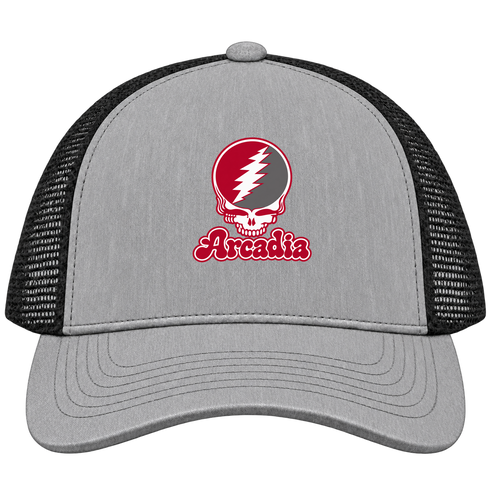 Arcadia Stealie Premium Unisex Trucker Cap — Design: Arcadia University — Heather Grey/Black