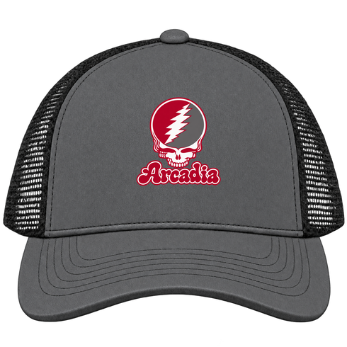 Arcadia Stealie Premium Unisex Trucker Cap — Design: Arcadia University — Charcoal/Black