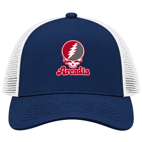 Arcadia Stealie Premium Unisex Trucker Cap — Design: Arcadia University — Navy/White