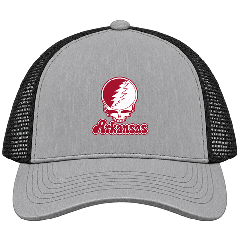 Arkansas Stealie Premium Unisex Trucker Cap — Design: Arkansas University of — Heather Grey/Black