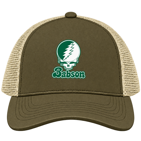 Babson Stealie Premium Unisex Trucker Cap — Design: Babson College — Moss/Khaki