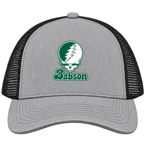 Babson Stealie Premium Unisex Trucker Cap — Design: Babson College — Heather Grey/Black