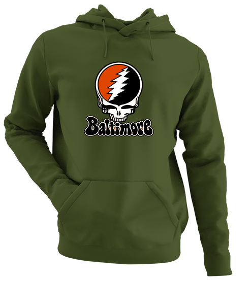 Baltimore Baseball Stealie Grateful Dead Hoodie — Baltimore Orioles — Military Green