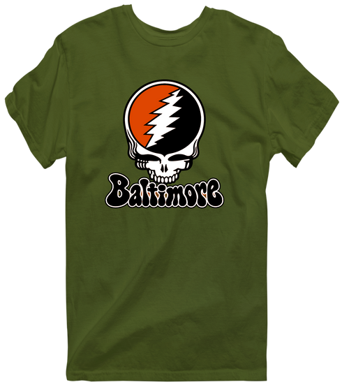 Baltimore Baseball Stealie Grateful Dead T-Shirt — Baltimore Orioles — Military Green