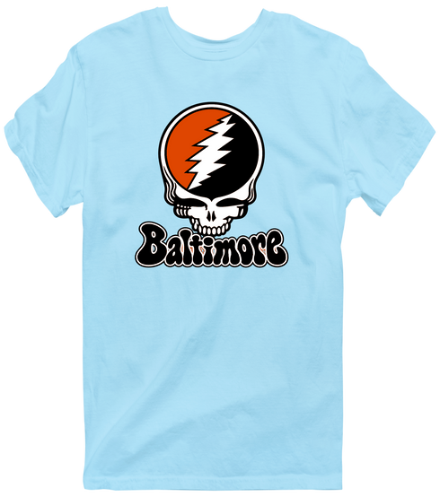 Baltimore Baseball Stealie Grateful Dead T-Shirt — Baltimore Orioles — Light Blue
