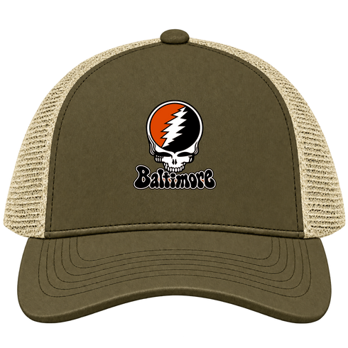 Baltimore Baseball Stealie Grateful Dead Trucker Cap — Baltimore Orioles — Moss/Khaki