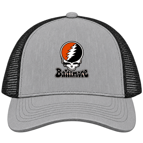 Baltimore Baseball Stealie Grateful Dead Trucker Cap — Baltimore Orioles — Heather Grey/Black