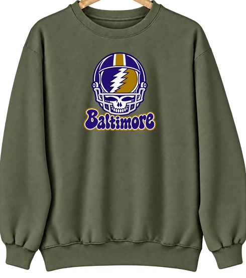 Baltimore Helmet Stealie Premium Unisex Crewneck — Baltimore Ravens — Military Green