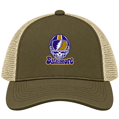 Baltimore Helmet Stealie Premium Unisex Trucker Cap — Baltimore Ravens — Moss/Khaki