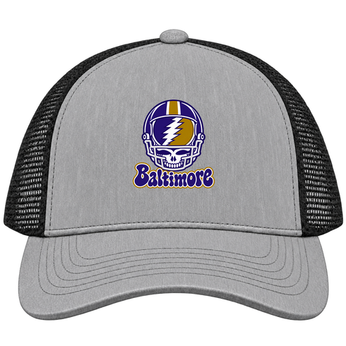 Baltimore Helmet Stealie Premium Unisex Trucker Cap — Baltimore Ravens — Heather Grey/Black