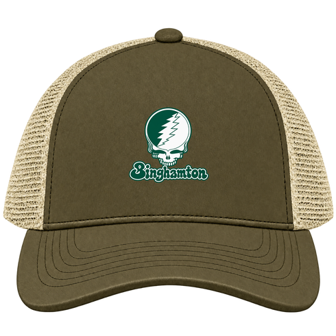 Binghamton Stealie Premium Unisex Trucker Cap — Design: Binghamton University — Moss/Khaki