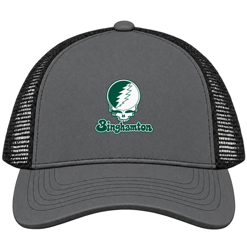 Binghamton Stealie Premium Unisex Trucker Cap — Design: Binghamton University — Charcoal/Black