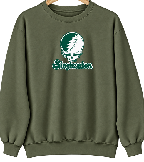 Binghamton Stealie Premium Unisex Crewneck — Design: Binghamton University — Military Green