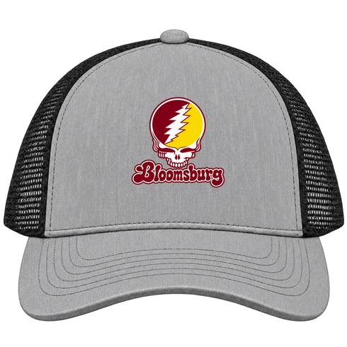 Bloomsburg Stealie Premium Unisex Trucker Cap — Design: Bloomsburg University — Heather Grey/Black