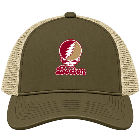 Boston Stealie Premium Unisex Trucker Cap — Design: Boston College — Moss/Khaki