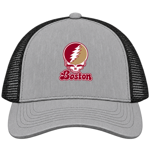 Boston Stealie Premium Unisex Trucker Cap — Design: Boston College — Heather Grey/Black