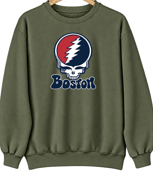 Boston Baseball Stealie Grateful Dead Crewneck — Boston Red Sox — Military Green