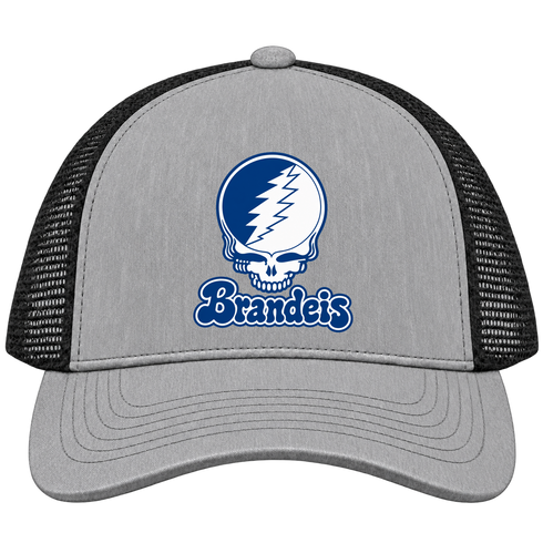 Brandeis Stealie Premium Unisex Trucker Cap — Design: Brandeis University — Heather Grey/Black