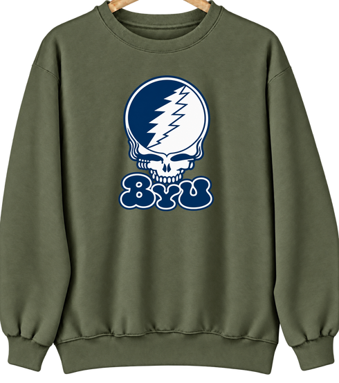 Brigham Young Stealie Premium Unisex Crewneck — Design: Brigham Young University — Military Green