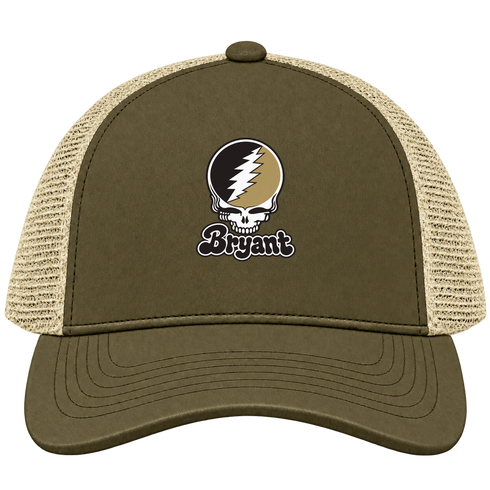 Bryant Stealie Premium Unisex Trucker Cap — Design: Bryant University — Moss/Khaki