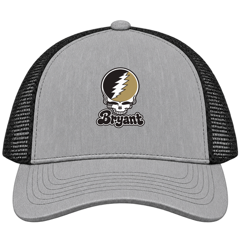 Bryant Stealie Premium Unisex Trucker Cap — Design: Bryant University — Heather Grey/Black