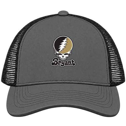 Bryant Stealie Premium Unisex Trucker Cap — Design: Bryant University — Charcoal/Black