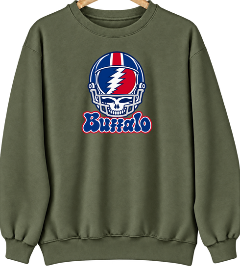 Buffalo Helmet Stealie Premium Unisex Crewneck — Buffalo Bills — Military Green