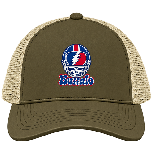Buffalo Helmet Stealie Premium Unisex Trucker Cap — Buffalo Bills — Moss/Khaki