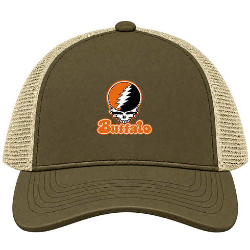 Buffalo Stealie Premium Unisex Trucker Cap — Design: Buffalo State College — Moss/Khaki