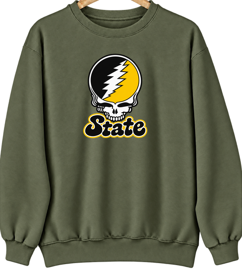 State Stealie Premium Unisex Crewneck — Design: Cal State (campus unspecified) — Military Green