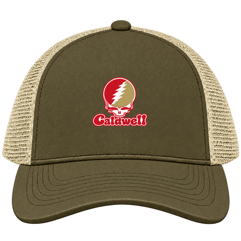 Caldwell Stealie Premium Unisex Trucker Cap — Design: Caldwell University — Moss/Khaki
