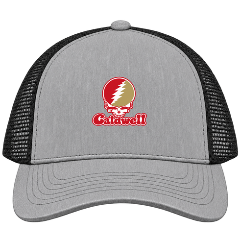 Caldwell Stealie Premium Unisex Trucker Cap — Design: Caldwell University — Heather Grey/Black