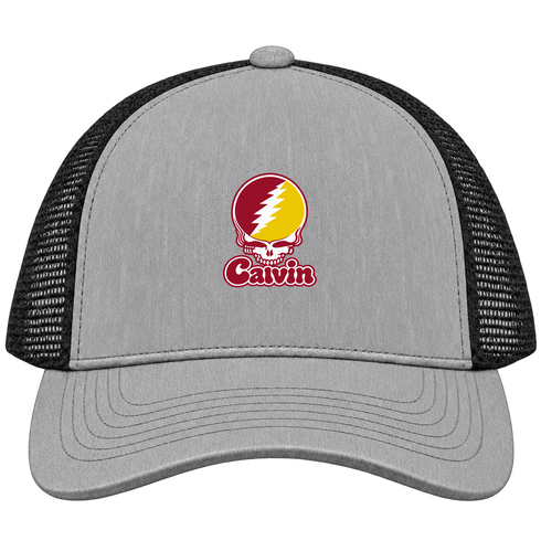 Calvin Stealie Premium Unisex Trucker Cap — Design: Calvin College — Heather Grey/Black