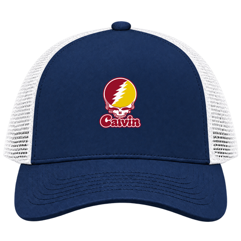 Calvin Stealie Premium Unisex Trucker Cap — Design: Calvin College — Navy/White