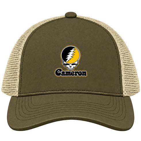 Cameron Stealie Premium Unisex Trucker Cap — Design: Cameron University — Moss/Khaki