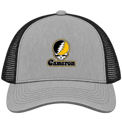 Cameron Stealie Premium Unisex Trucker Cap — Design: Cameron University — Heather Grey/Black
