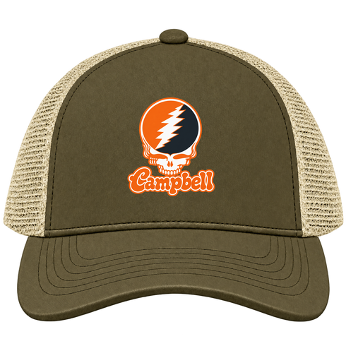 Campbell Stealie Premium Unisex Trucker Cap — Design: Campbell University — Moss/Khaki