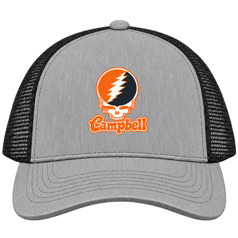 Campbell Stealie Premium Unisex Trucker Cap — Design: Campbell University — Heather Grey/Black