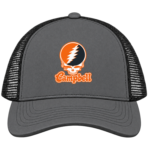 Campbell Stealie Premium Unisex Trucker Cap — Design: Campbell University — Charcoal/Black