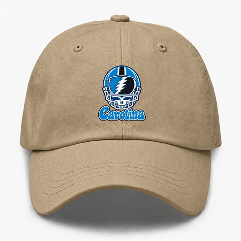 Carolina Helmet Stealie Premium Unisex Dad Hat — Carolina Panthers — Khaki