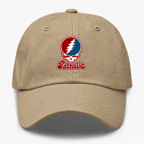 Catholic Stealie Premium Unisex Dad Hat — Design: Catholic University of America — Khaki