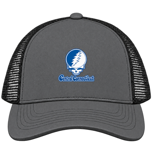 Central Connecticut Stealie Premium Unisex Trucker Cap — Design: Central Connecticut State University — Charcoal/Black