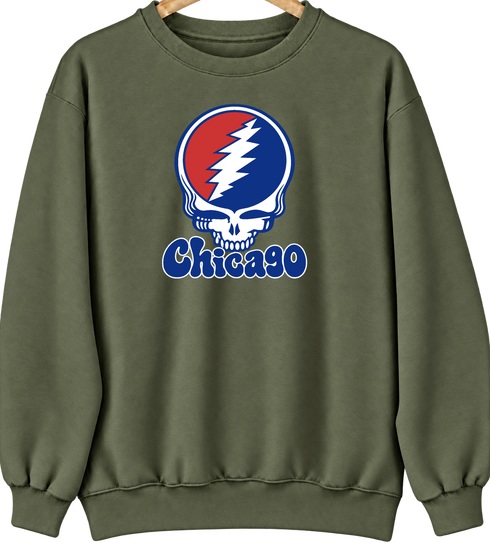 Chicago Baseball Stealie Grateful Dead Crewneck — Chicago Cubs — Military Green